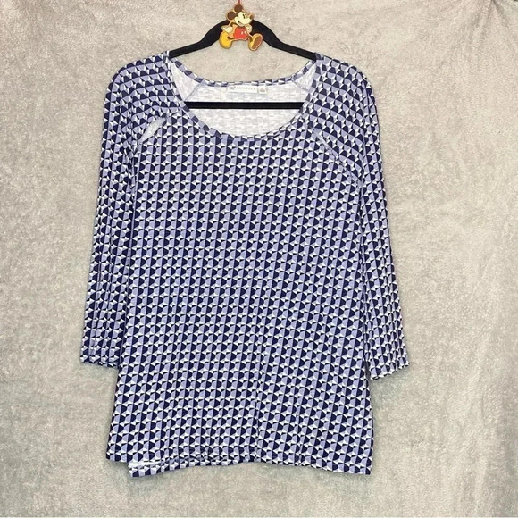 Rafaella 2X Top Shirt Blue White Geometric Scoop Neck 3/4 Sleeve Cutout Womens - Picture 1 of 7